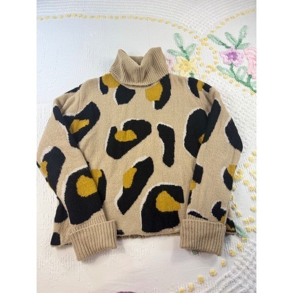 MOTH Turtleneck Sweater Animal Print‎ Yellow Black Beige Pullover S - Picture 2 of 10